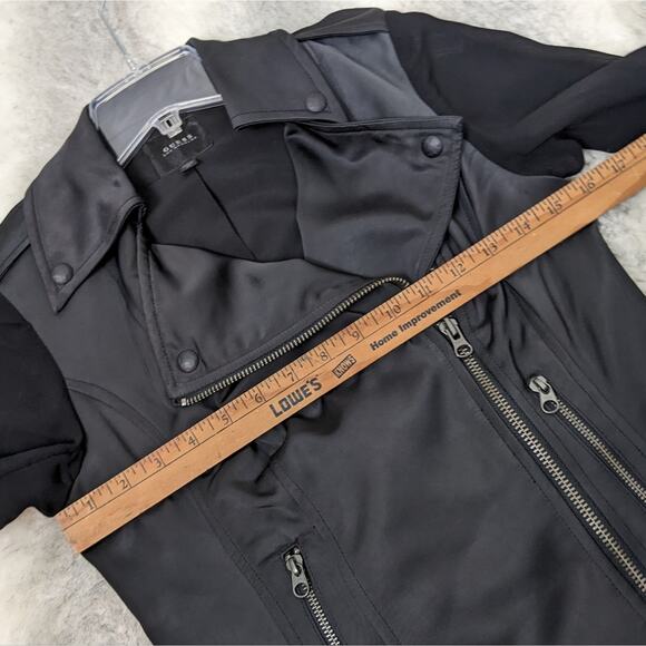 Guess Black Jacket Sheer Sleeve Satin Look Cropped Moto Extra Small XS Y2K - Picture 14 of 15